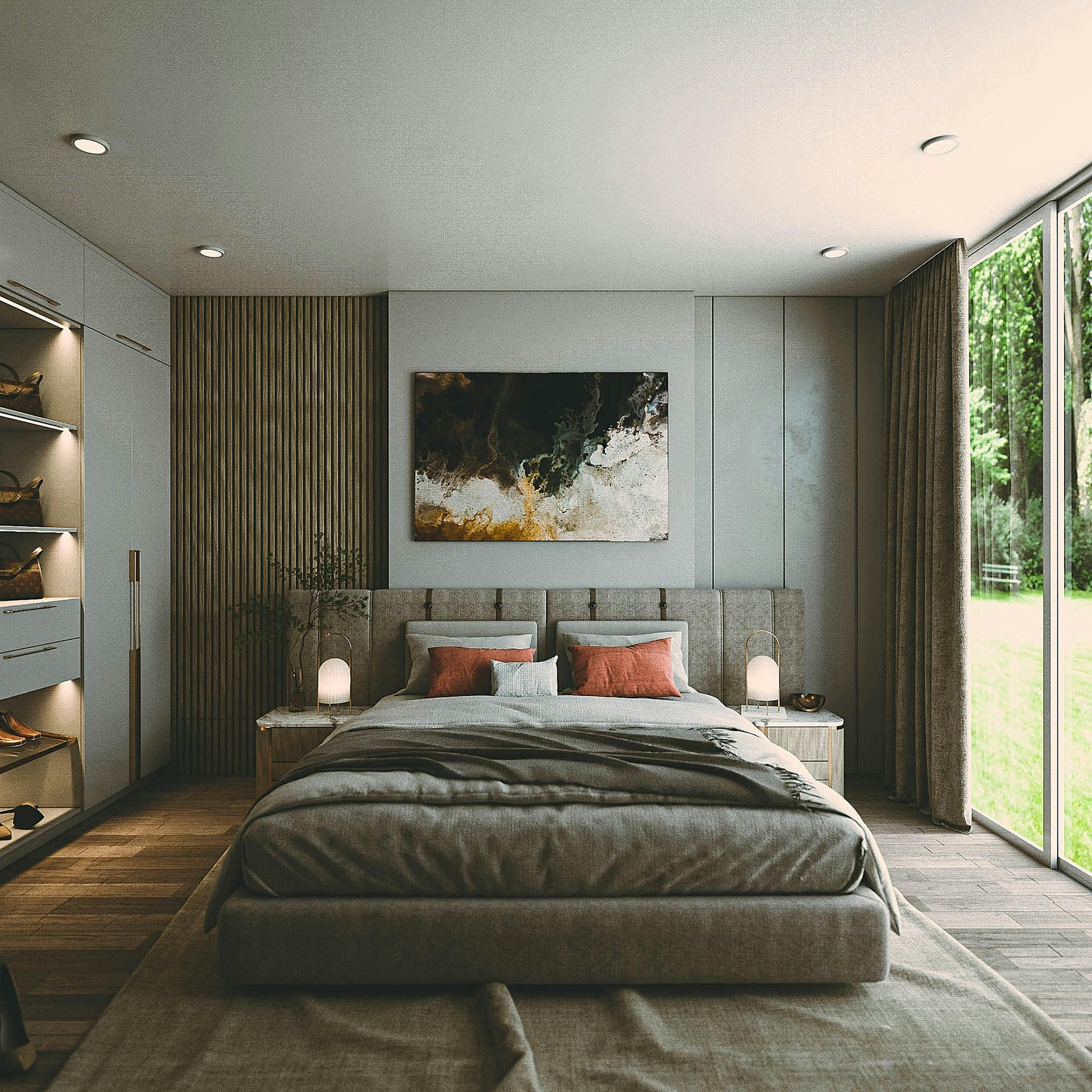 A modern bedroom with stylish decor and abundant natural light
